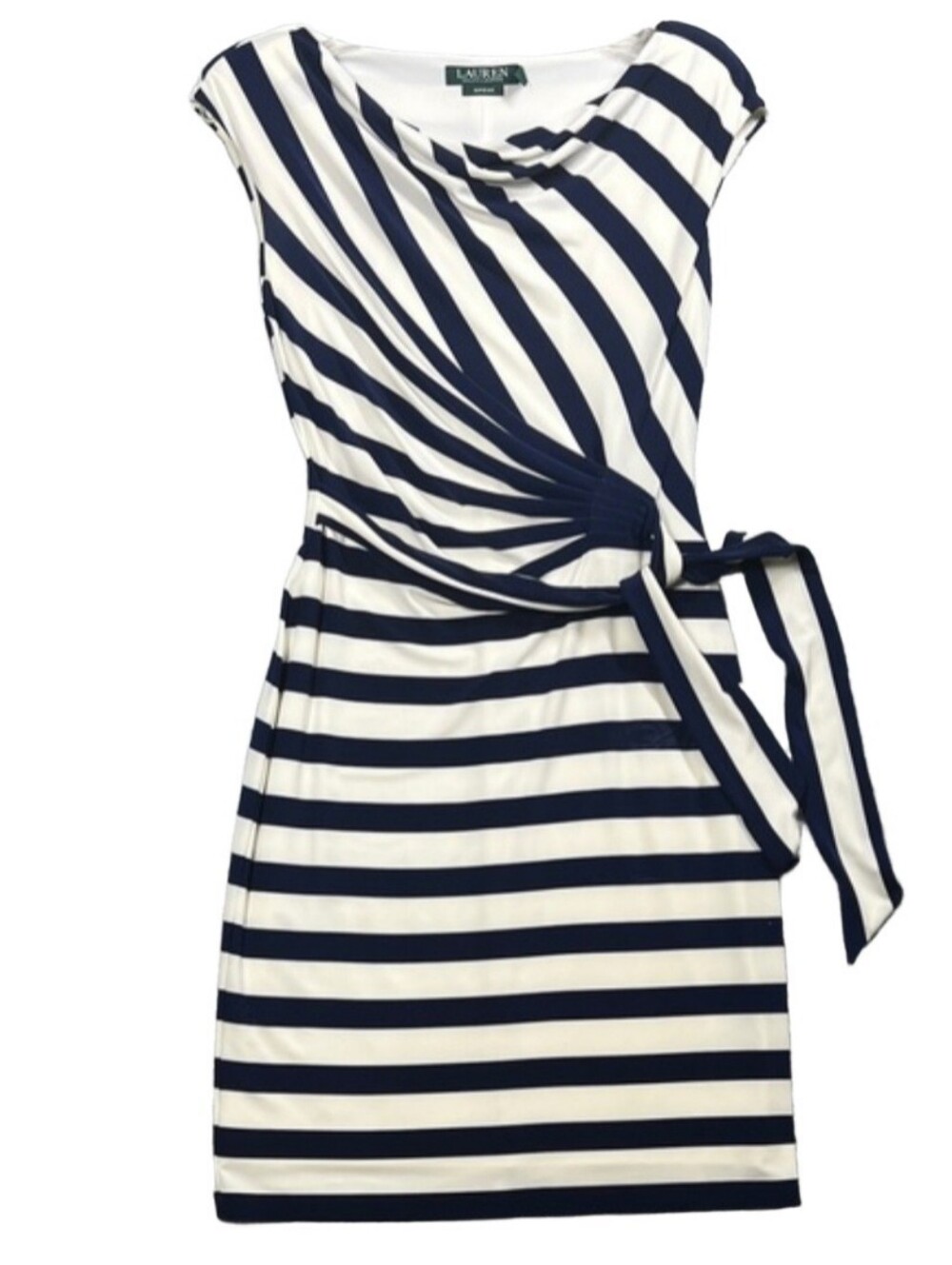 Lauren Ralph Lauren Blue & White Striped Ruched Waist Sheath Dress Size 14